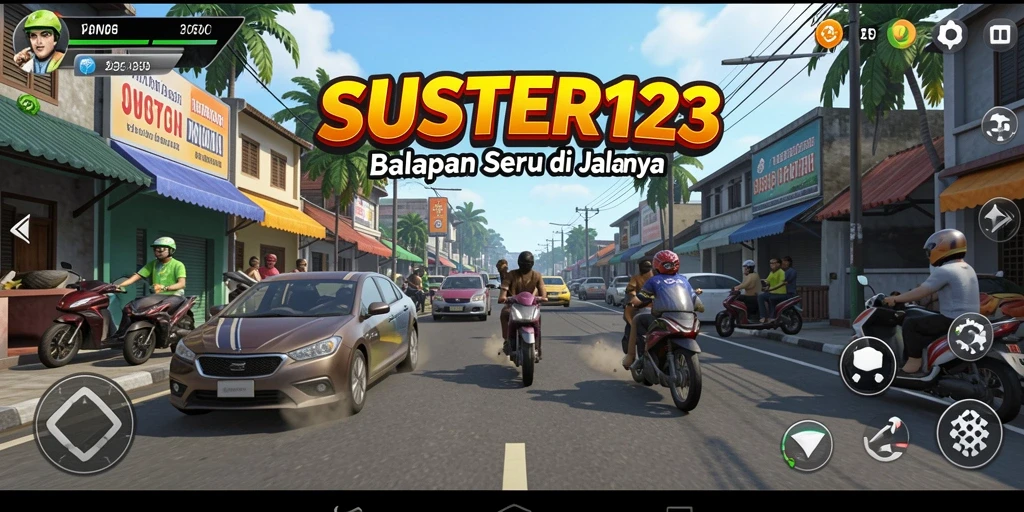 Screeshot gameplay SUSTER123 dengan mobil balap yang melaju cepat di lintasan.